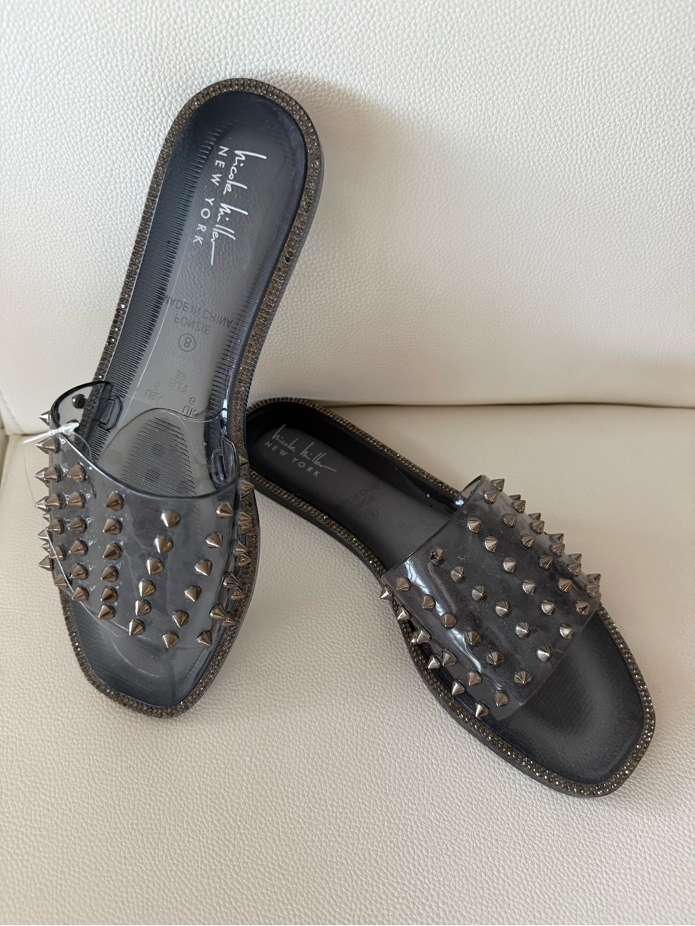 Nicole Miller 8 Gray Studded Spikes ClearJelly Slides Sandals